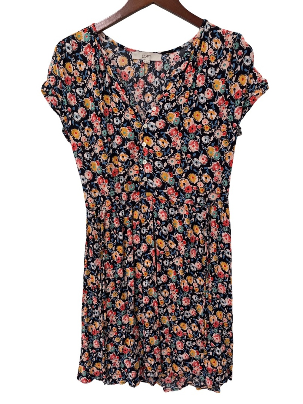 LOFT Women’s Small Floral Tie Waist Button Front Mini Dress Navy